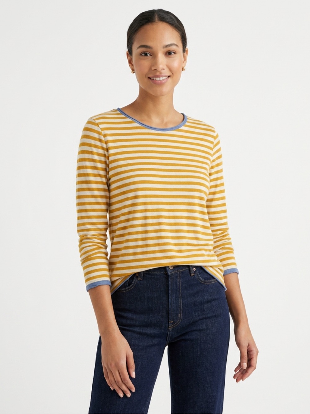 White Stuff ($115) Gold Striped Long Sleeve Cotton With Blue Trim - PTP 22